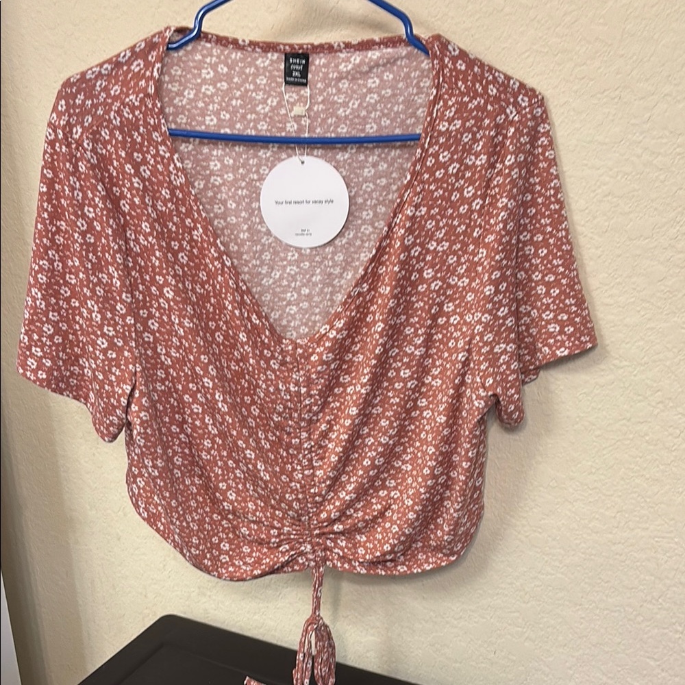 SHEIN Rust Floral Tie-Front Blouse